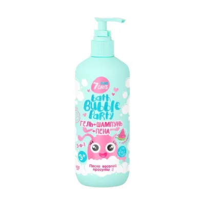 Гель+шампунь+пена 3-в-1 ПОСЛЕ ВЕСЕЛОЙ ПРОГУЛКИ с Арбузиком Bath Bubble PARTY, 7DAYS, 400 мл (24 до 01.03.27)