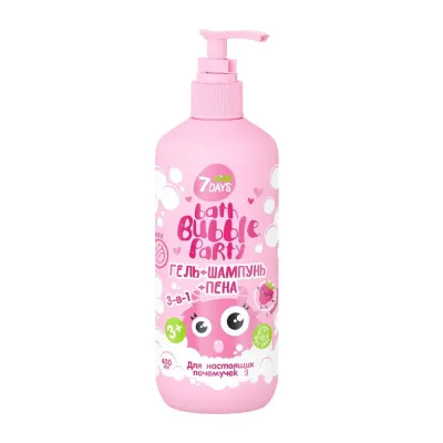 7DAYS Гель+шампунь+пена 3-в-1 ДЛЯ НАСТОЯЩИХ ПОЧЕМУЧЕК с Малинкой Bath Bubble PARTY, 7DAYS, 400 мл (24 до 01.11.26)