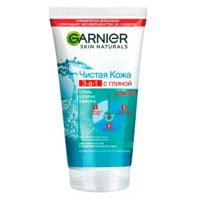 Toza teri Gel + Skrab + Niqob 3-in-1, loy, sink va salitsil kislotali, prishlar va qora nuqtalarga qarshi, yog'li va aralash teri uchun, 150 ml
