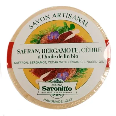 Maitre Savonitto SAFFRON-BERGAMOT-CEDAR, with organic linseed oil Wooden Box 100g Мыло ШАФРАН-БЕРГАМОТ-КЕДР с органическим льняным маслом