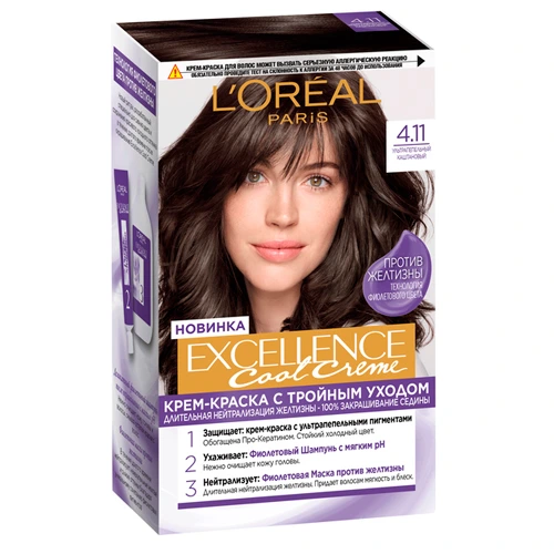 L'Oreal EXCELLENCE L’Oréal Paris Стойкая крем-краска для волос "Excellence Cool Crème" с тройным уходом, оттенок 4.11, Ультрапепельный Каштановый