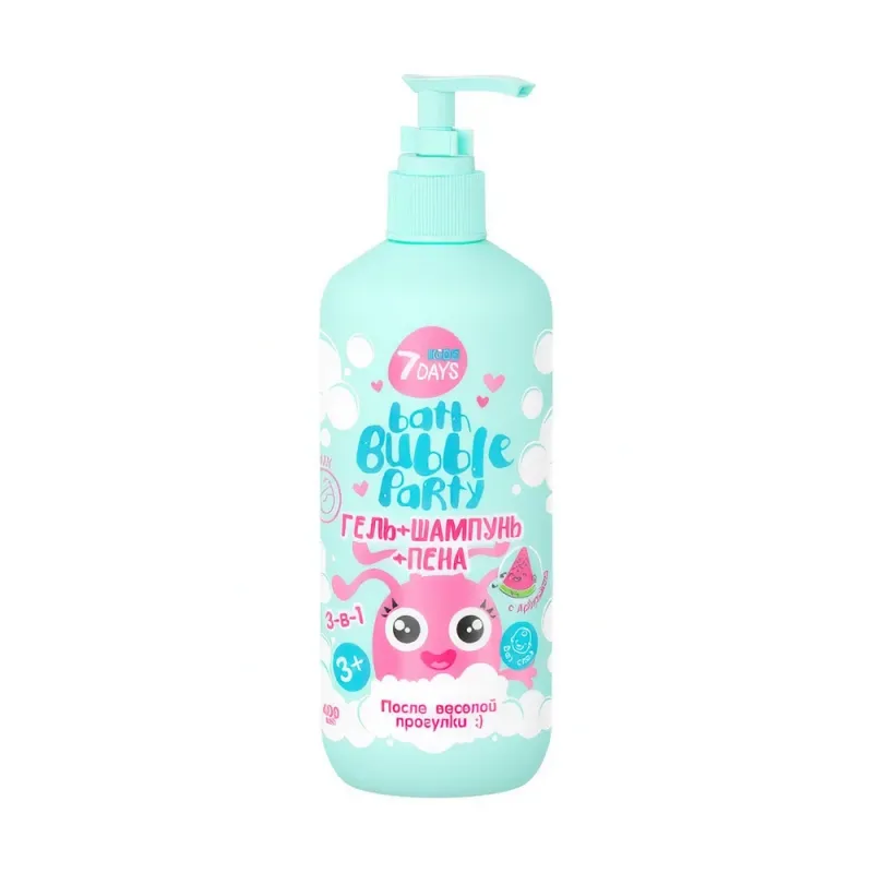 7DAYS Гель+шампунь+пена 3-в-1 ПОСЛЕ ВЕСЕЛОЙ ПРОГУЛКИ с Арбузиком Bath Bubble PARTY, 7DAYS, 400 мл (24 до 01.03.27)