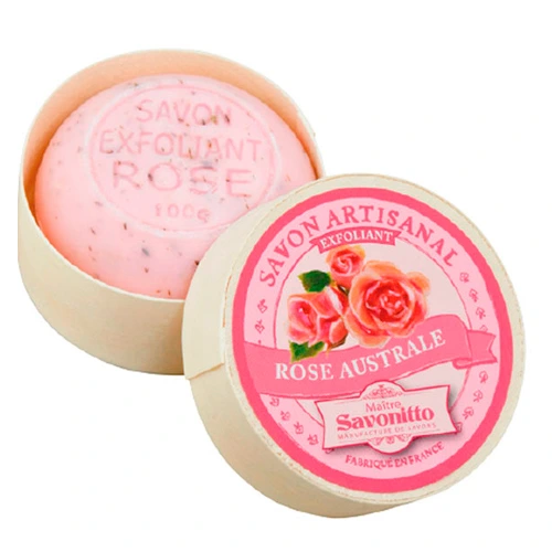 Maitre Savonitto Rose + exfoliating, with sweet almond oil Wooden Box 100g Мыло РОЗА + отшелушивающий крем с маслом сладкого миндаля