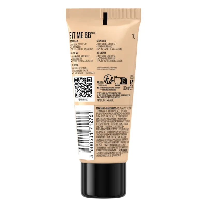 Maybelline Увлажняющий легкий крем-уход для лица New York Fit Me BB с тональным эффектом Nude, тон 10, 30 мл — 3