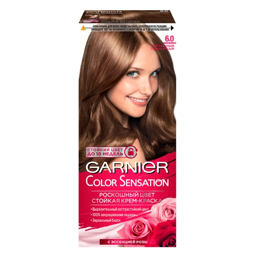 Garnier Color Sensation Garnier Sochlar uchun chidamli krem-bo'yoq "Color Sensation, Rang Hashamati", tus 6.0, Hashamatli to'q sarg'ish, 110 ml
